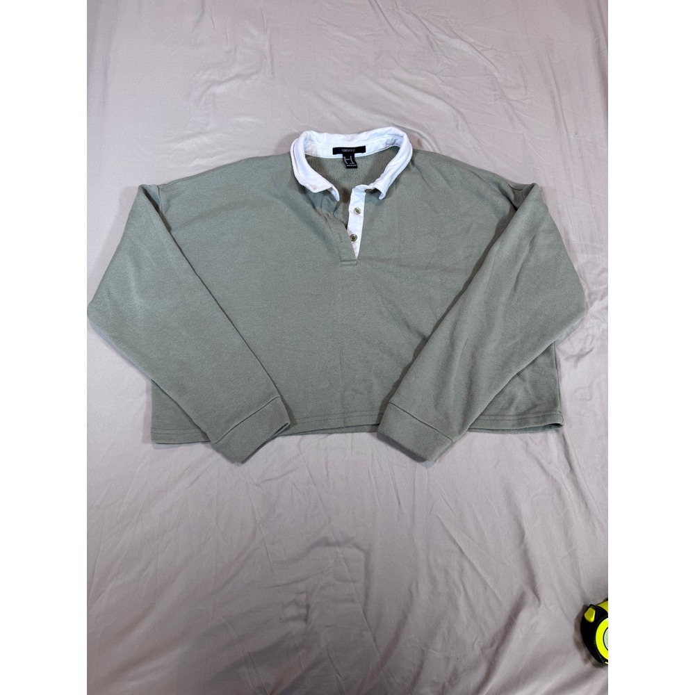 Forever 21 Cropped Rugby Sweatshirt M Sage Green Contrast Collar